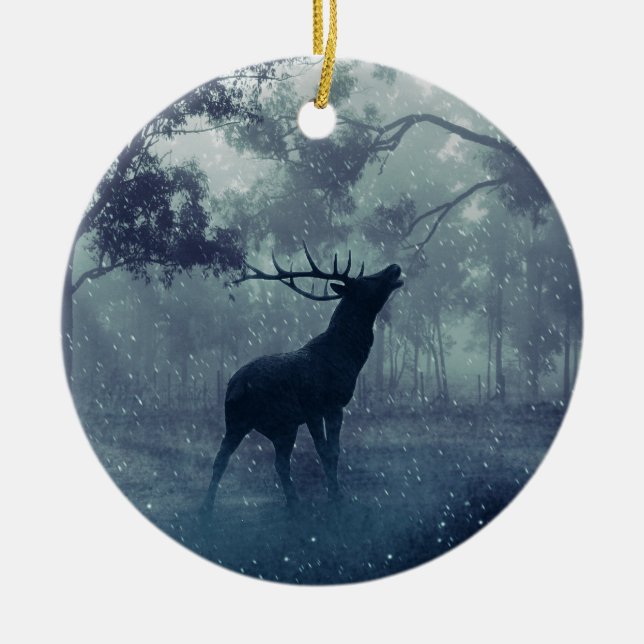 Winter Evening stag Deer Ceramic Ornament (Front)