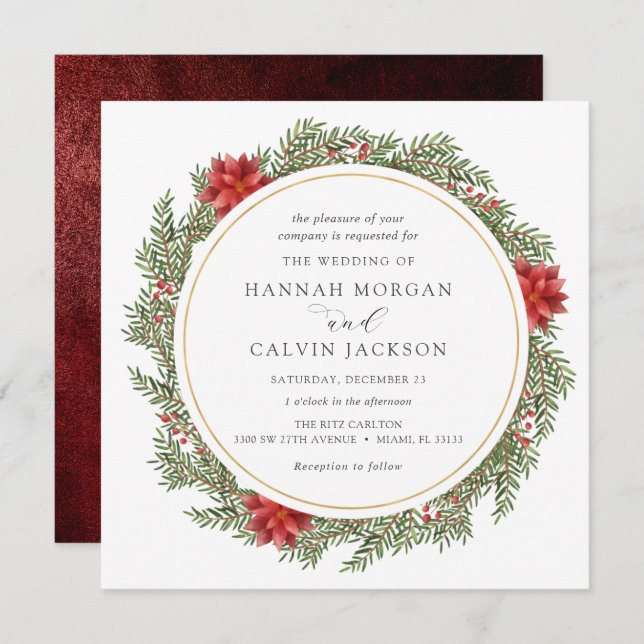 Winter Evergreen and Holly Wedding Invitation (Front/Back)