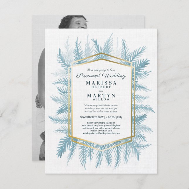 Winter evergreen art blue stream wedding invitation (Front/Back)