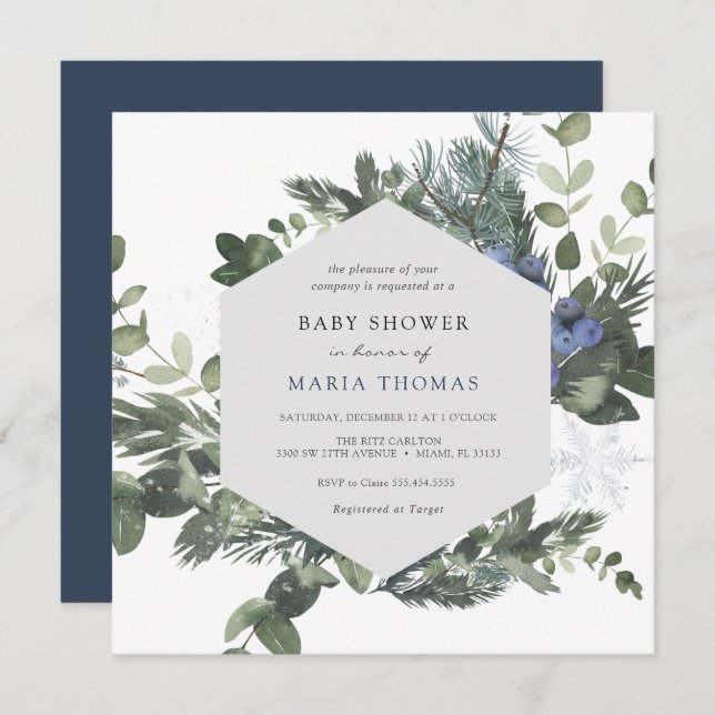 Winter Evergreen Blue Baby Shower Invitation (Front/Back)