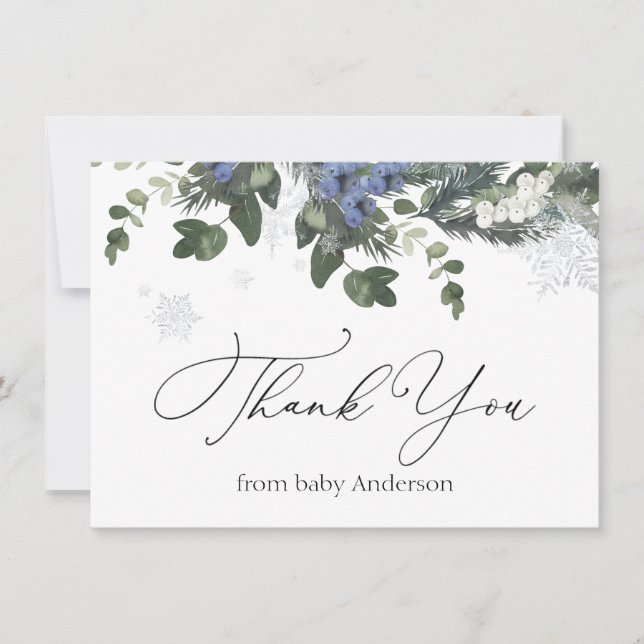 Winter Evergreen Blue Baby Shower Thank You (Front)