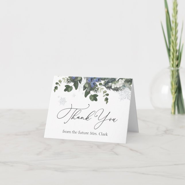 Winter Evergreen Blue Bridal Shower Thank You (Front)