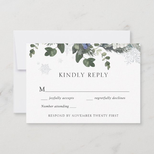 Winter Evergreen Blue Wedding RSVP Response Invitation (Front)