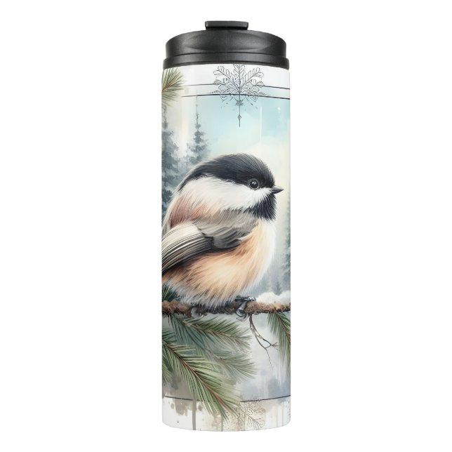 Winter Evergreen Chickadee Bird Watercolor Tumbler (Front)