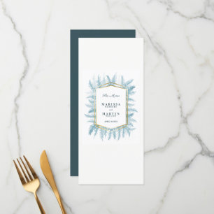 Winter evergreen foliage watercolor blue wedding menu