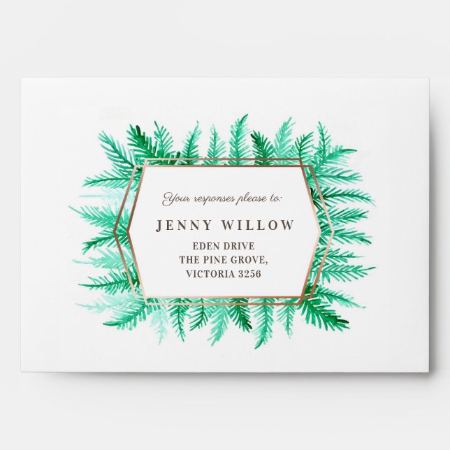 Winter evergreen foliage watercolor green wedding envelope (Front)