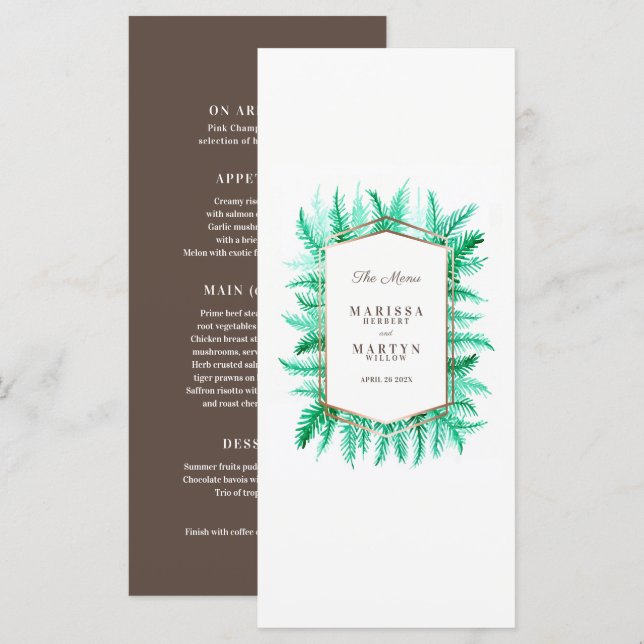 Winter evergreen foliage watercolor green wedding menu (Front/Back)