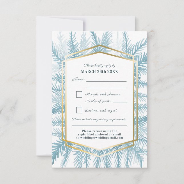 Winter evergreen foliage watercolor grey blue RSVP card (Front)