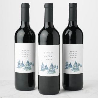 Winter Evergreen Forest Watercolor Wedding Wine Label