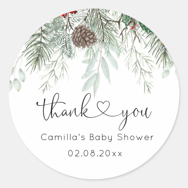 Winter Evergreen Pine Baby Shower  Classic Round Sticker (Front)
