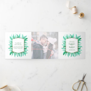 Winter evergreen pine photo winter wedding green Tri-Fold programme