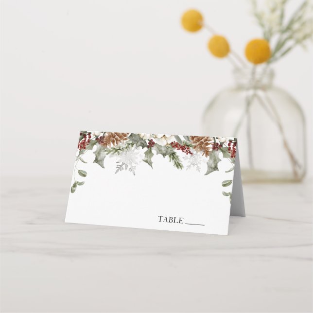 Winter Evergreen Snowflakes Name Place Cards (Front)