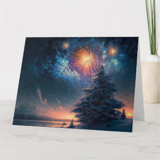 Winter Evergreen Tree & Fireworks Card
