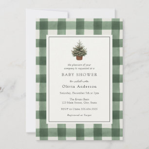 Winter Evergreen Tree Green Plaid Baby Shower Invitation