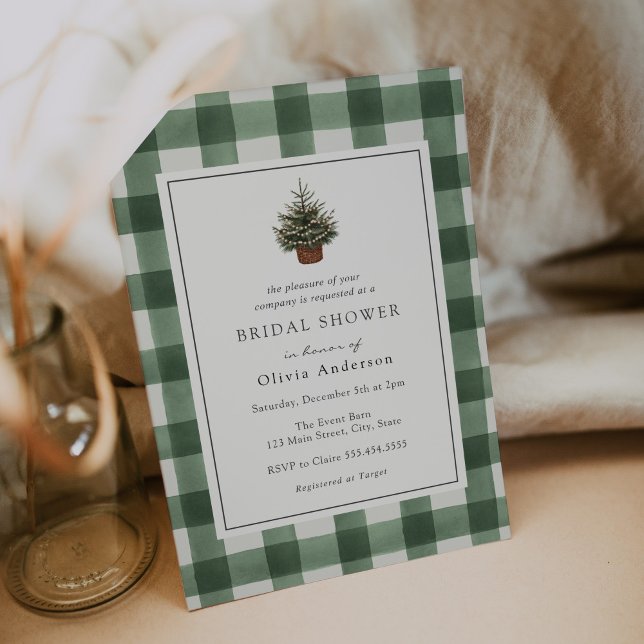 Winter Evergreen Tree Green Plaid Bridal Shower Invitation (Creator Uploaded)