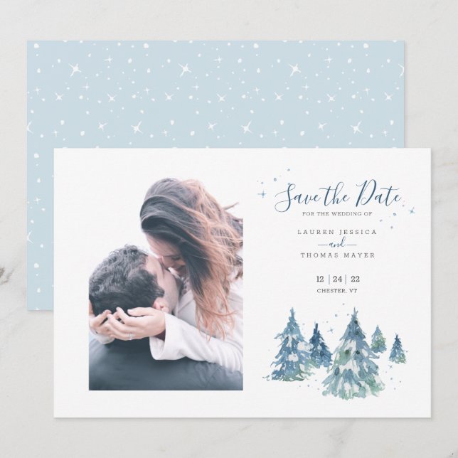 Winter Evergreen Tree Watercolor Wedding Photo Save The Date (Front/Back)