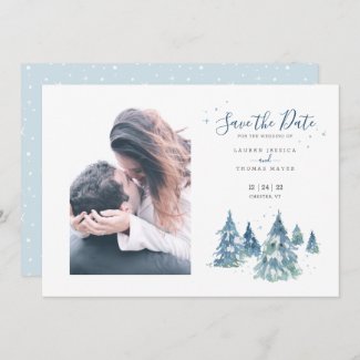 Winter Evergreen Tree Watercolor Wedding Photo Save The Date