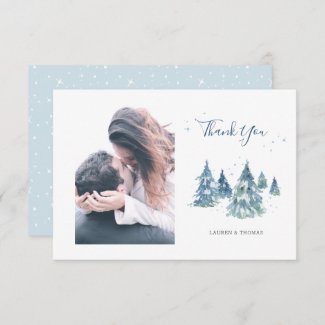 Winter Evergreen Tree Watercolor Wedding Photo Thank You Card