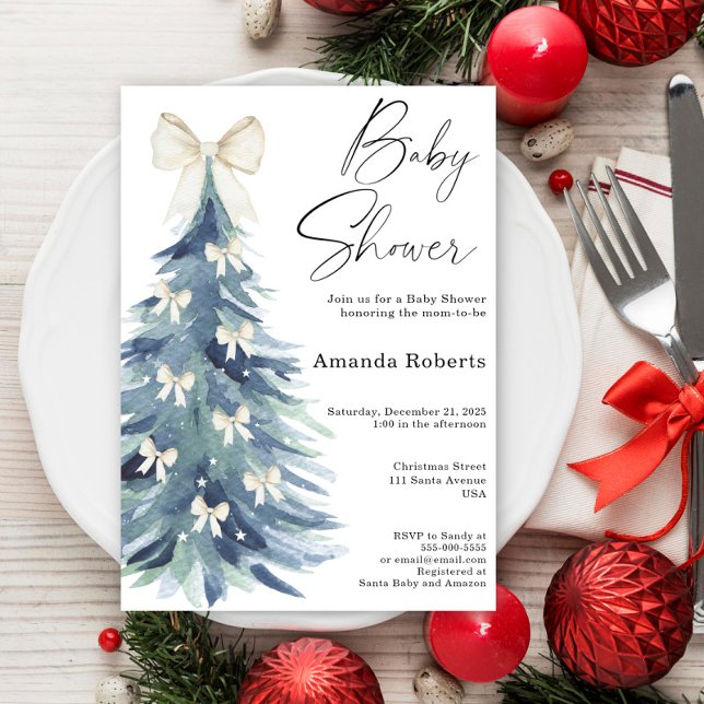Winter evergreen tree with bows baby shower invitation (Creator Uploaded)
