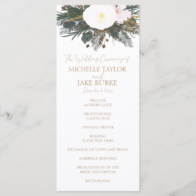 Winter Evergreen Wedding Ceremony Program (Front)