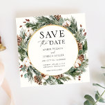 Winter Evergreen Wedding Save the Date Invitation<br><div class="desc">Elegant Winter-themed Save the Date invitation features a gold frame surrounded by watercolor evergreen,  pines and winter florals. Personalize with your information or click "Click to customize further" to edit font styles,  size and colours. Matching items available in the Adore Paper Co Zazzle shop.</div>