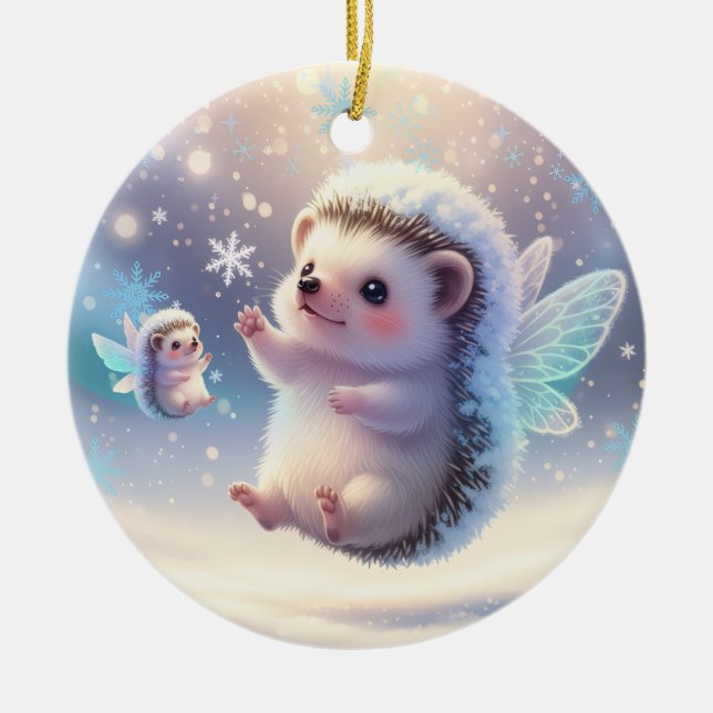Winter Fairy Hedgehogs  – Cute Snowflake  Ceramic Ornament (Front)