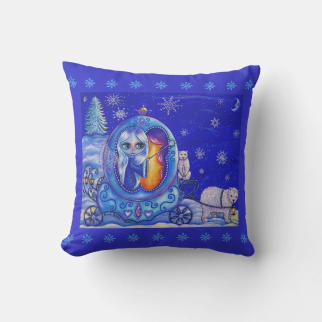 Winter Fairy in a Polar Bear Drawn Bubble Carriage Throw Pillow (Front)