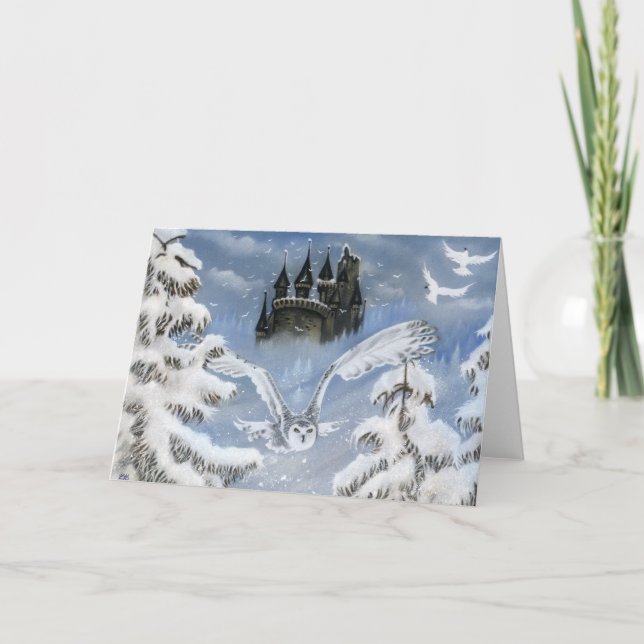Winter fairytale Owl castle  holiday card (Front)