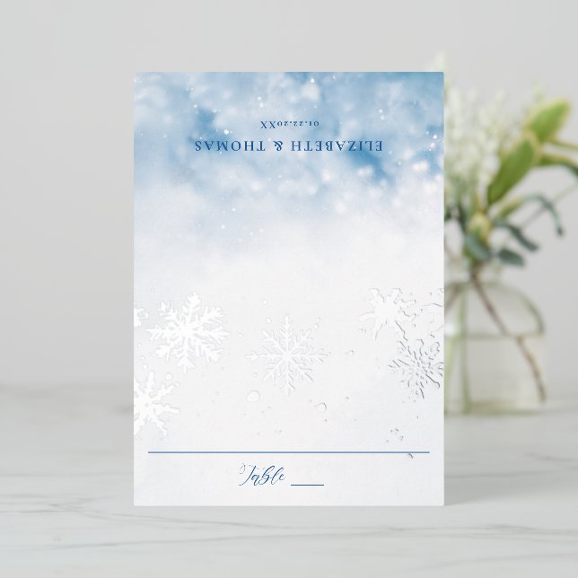 Winter Falling Snow Foil Wedding Table Place Card (Standing Front)