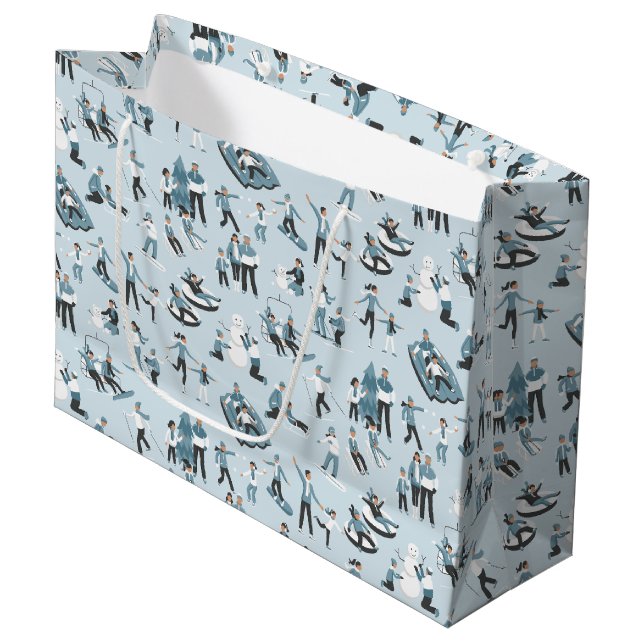 Winter Family Fun Christmas Holiday Patten Large Gift Bag (Front Angled)