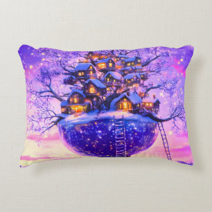 Winter Fantasy Snowy Tree Village Landscape Accent Pillow
