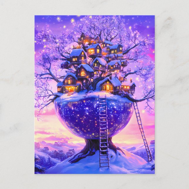 Winter Fantasy Snowy Tree Village Landscape Announcement Postcard (Front)