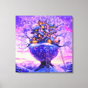 Winter Fantasy Snowy Tree Village Landscape Canvas Print