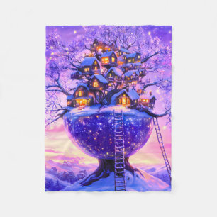 Winter Fantasy Snowy Tree Village Landscape Fleece Blanket