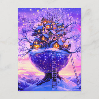 Winter Fantasy Snowy Tree Village Landscape Holiday Postcard