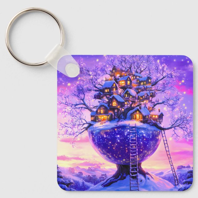 Winter Fantasy Snowy Tree Village Landscape Keychain (Front)