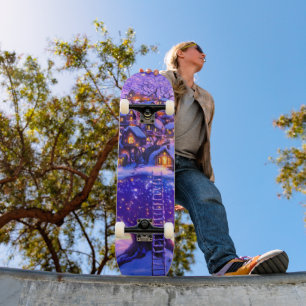 Winter Fantasy Snowy Tree Village Landscape Skateboard