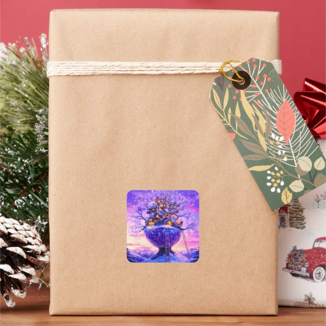Winter Fantasy Snowy Tree Village Landscape Square Sticker (Holiday)