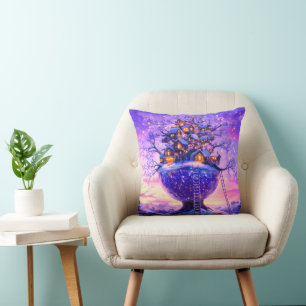 Winter Fantasy Snowy Tree Village Landscape Throw Pillow