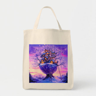Winter Fantasy Snowy Tree Village Landscape Tote Bag