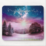 Winter Fantasy Starry Landscape with Name Mouse Pad<br><div class="desc">Beautiful mouse pad featuring a winter fantasy scene with a snow covered meadow bathed in pink and purple light and a blue starry sky above with glitter and pixie dust. The mouse pad is personalized with her name in fancy script lettering with elegant swashes on either side. Beautiful, magical, whimsical...</div>