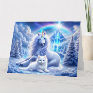 Winter Fantasy with Beautiful Unicorn and Kitten Card