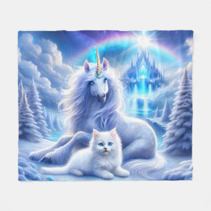 Winter Fantasy with Beautiful Unicorn and Kitten Fleece Blanket