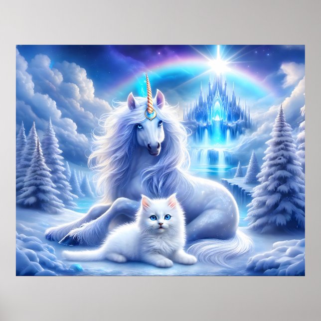 Winter Fantasy with Beautiful Unicorn and Kitten Poster (Front)