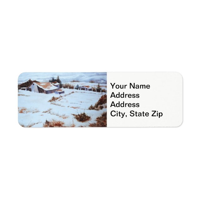 Winter farm, barn, garden snow covered landscape. (Front)