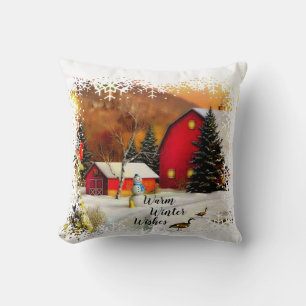 Winter farm throw pillow