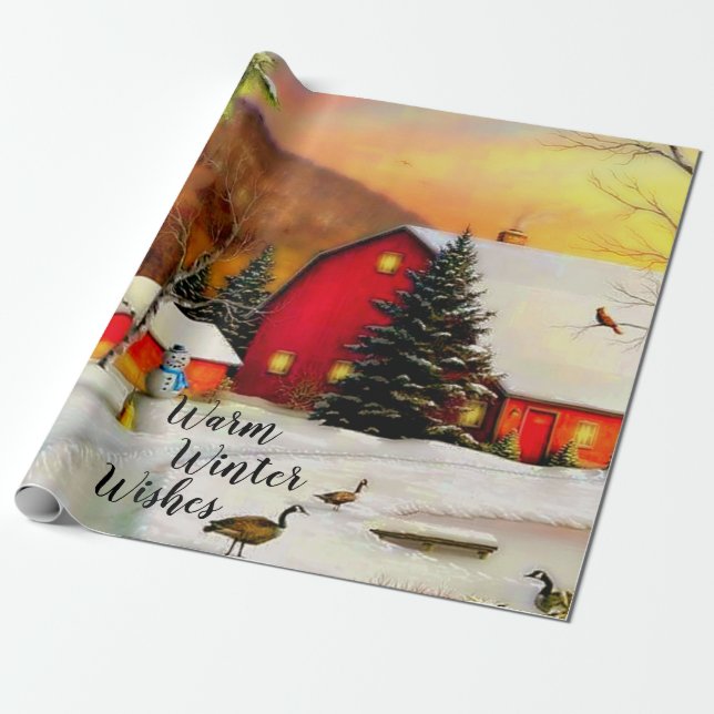 Winter farm wrapping paper (Unrolled)