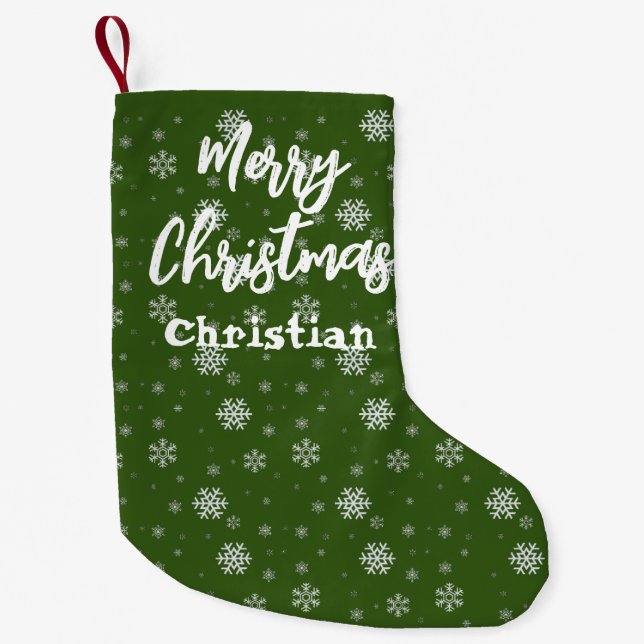 Winter Farmhouse Green White Snowflakes Christmas  Small Christmas Stocking (Front)