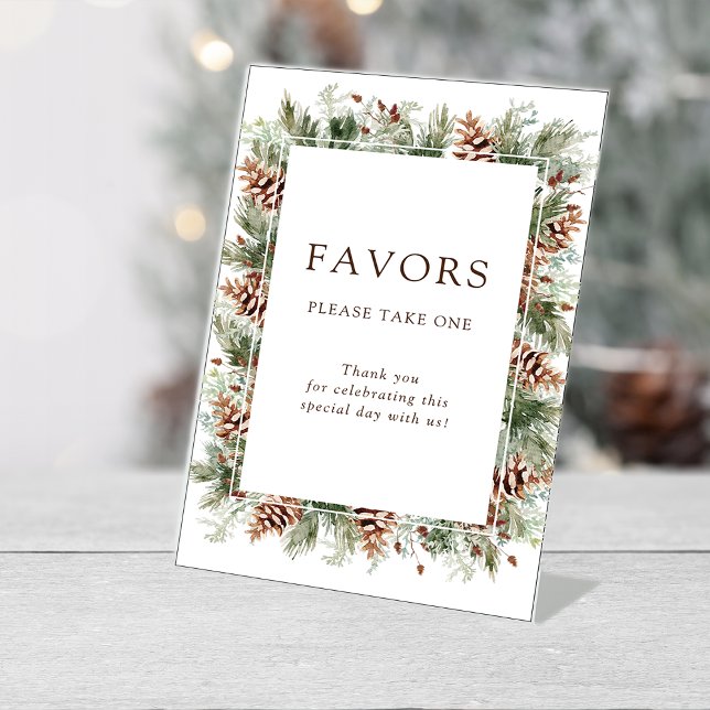 Winter Favours Wedding Pedestal Sign (Pinecone Floral Winter Favors Wedding Table Top Pedestal Sign by Painted Paperie
)