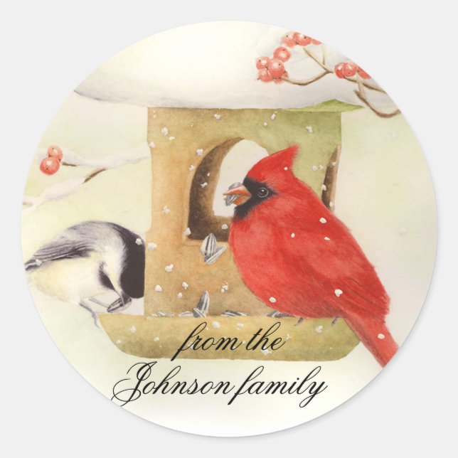 Winter Feeder Cardinal Christmas Stickers (Front)